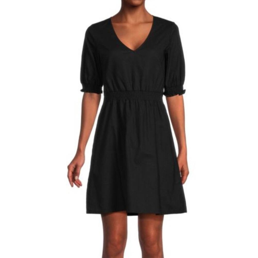 Saks Fifth Avenue Black Linen V Neck Short Sleeve Dress Size S Small
